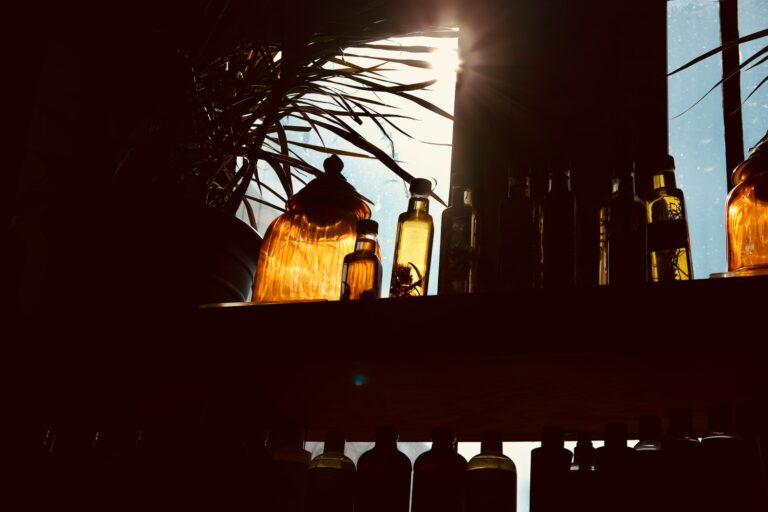 Bottles lined up in front of bright sunlight.